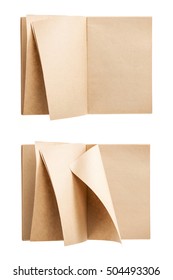 A Set(group) Of Brown Recycle Note(book) Spread Flip(turn) Over A Page Isolated White. 