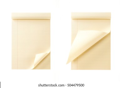 A Set(group) Of Empty(blank) Yellow(vintage, Old) Note(book) Spread Flip(turn) Over A Page Isolated White.