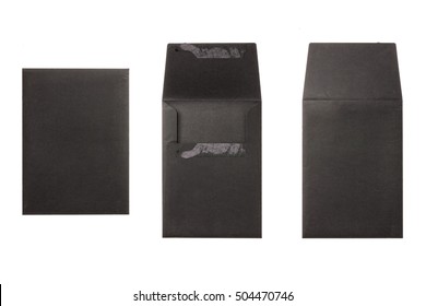 A Set(group) Of Many(variety) Black Envelope Front, Back Isolated White.