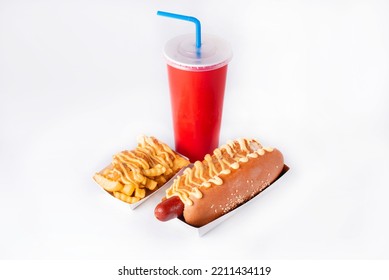 seth, hot dog, fried potatoes, chicken cutlets, a red paper cup with a drink. on a white background - Powered by Shutterstock