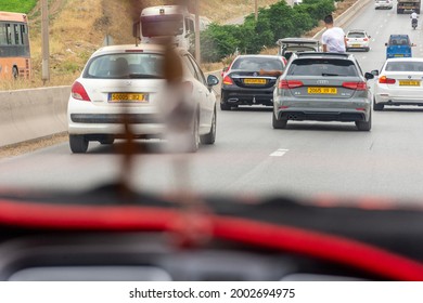 Setif, Algeria - June 28, 2021: Car Front Window View Of Traffic Jam.