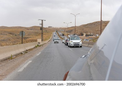 Setif, Algeria - June 28, 2021: Car Back Window View Of Traffic Jam.