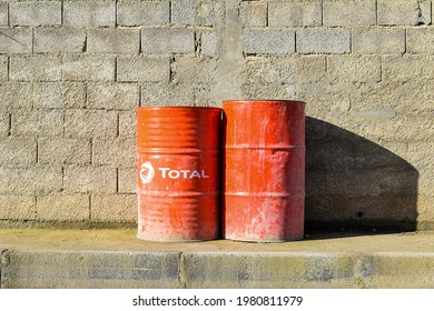 Setif - Algeria, March 7, 2015: Two Red Metal Oil Barrels Of Total Company.