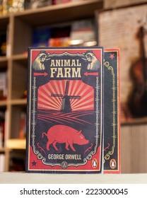 Setif, Algeria - November 03, 2022: Close Up George Orwell's Dystopian Fiction Animal Farm Inside The Bookshop.  