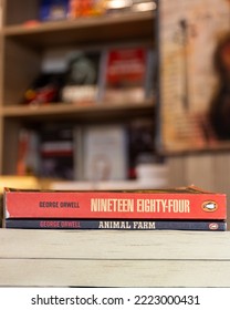 Setif, Algeria - November 03, 2022: Close Up George Orwell's Famous Dystopian Fiction Novels 1984 And Animal Farm Inside The Bookshop.