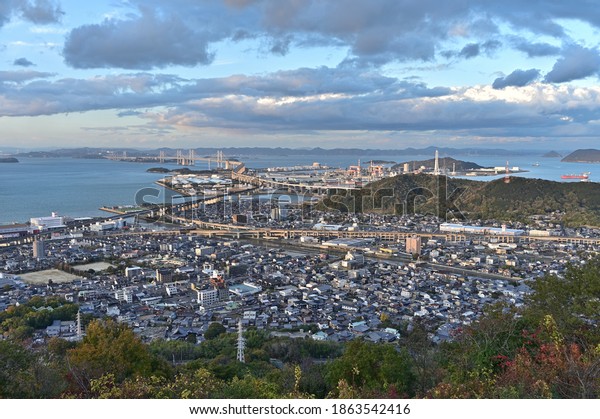 Seto Ohashi is a general term for 10 bridges\
that connect Kurashiki City in Okayama Prefecture in Honshu and\
Sakaide City in Kagawa Prefecture in Shikoku.Taken from Utazu Town,\
Kagawa Prefecture.