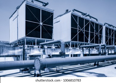 Sets Of Cooling Towers In Data Center Building.