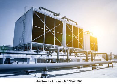 Sets Of Cooling Towers In Data Center Building.