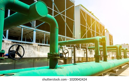 Sets Of Cooling Towers In Data Center Building.