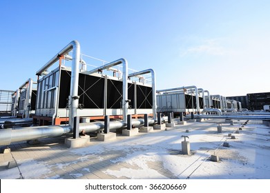 Sets Of Cooling Towers In Data Center Building.