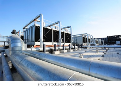 Sets Of Cooling Towers In Data Center Building.