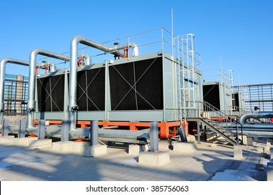 Sets Of Cooling Towers In Data Center Building.