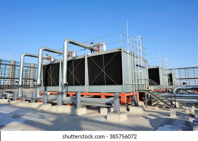 Sets Of Cooling Towers In Data Center Building.