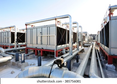 Sets Of Cooling Towers In Data Center Building.