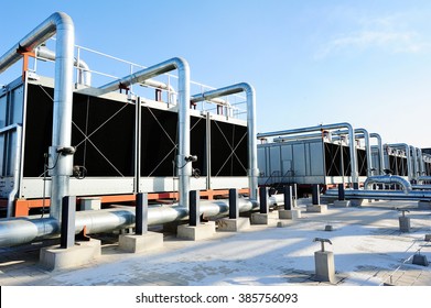 Sets Of Cooling Towers In Data Center Building.