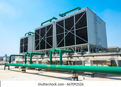 Sets Of Cooling Towers In Data Center Building.