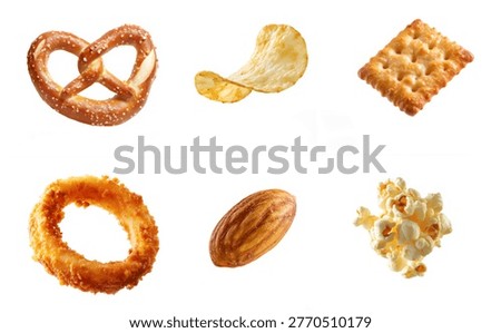 Sets of different types of snacks isolated.