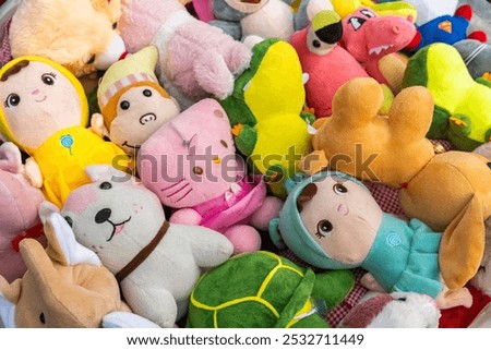 Sets stacks of various different types soft  stuffed fluffy toys dolls