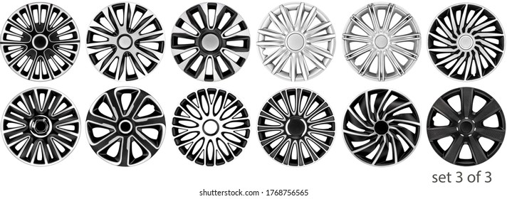 Sets wheels covers for car, different models. Three sets. Isolated on a white background.