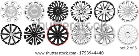 . Sets wheels covers for car, different models. Three sets. Isolated on a white background.