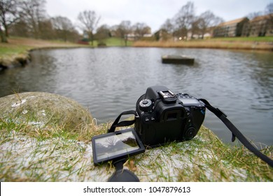 Setting Up A Camera, Ready To Photograph An Idyllic Lake View At Aarhus University, Denmark. Articulating Screen Used To Frame The Wide Scene.