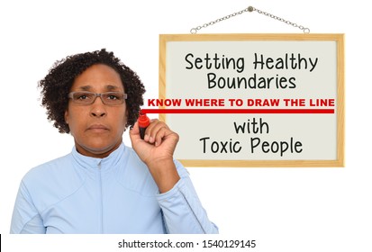 Setting Healthy Boundaries (Know Where To Draw The Line) With Toxic People White Board Woman Looking At Camera Writing With Red Felt Tip Marker White Background