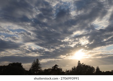 setting sun peeks below low hanging dark clouds above trees