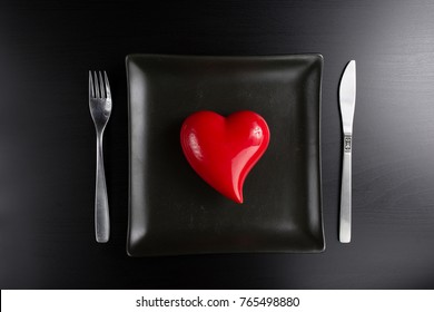 Setting For Valentine's Day Romantic Dinner. Top View. Space For Text. Black Background And Romantic Lighting.