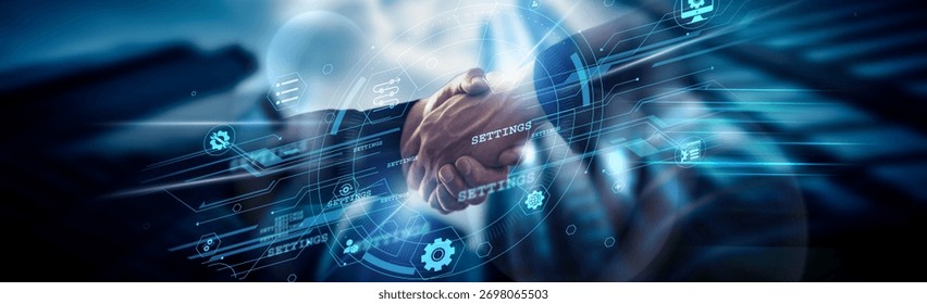 Settings concept, configuration control, handshake of global network connection customizing access, preferences, systems, tools, options, and security.