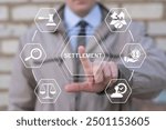 Settlement, laws, litigation, lawyers and compromise concept. Business man working on virtual touch screen presses text: SETTLEMENT.