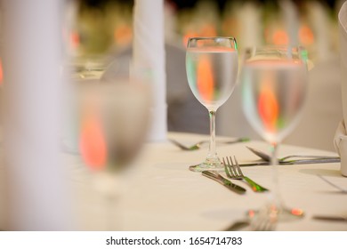 Setup Dinner Table For Celebrating In A Grand Ballroom.