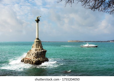 Sevastopol Crimea January 25, 2020. Monument to sunken ships. Beautiful urban landscape with turquoise sea. Pleasure boat on the sea. - Shutterstock ID 1755204050