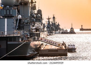 Sevastopol, Republic of Crimea, July 31, 2021. Russian cruiser Moskva in the port. Russian Navy.
