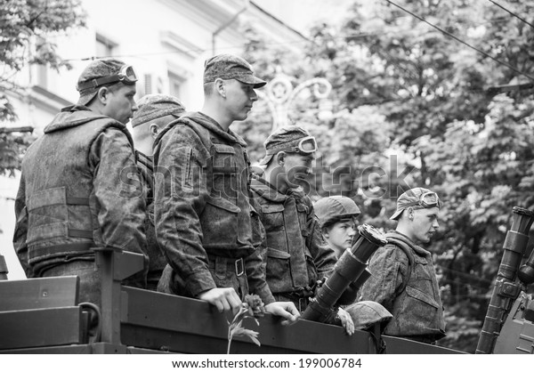 SEVASTOPOL, RUSSIA -\
MAY 09: Celebrating the 69th anniversary of the Victory Day and\
70th anniversary of Sevastopol liberation from fascists. Sevastopol\
2014. Parade, soldiers\
