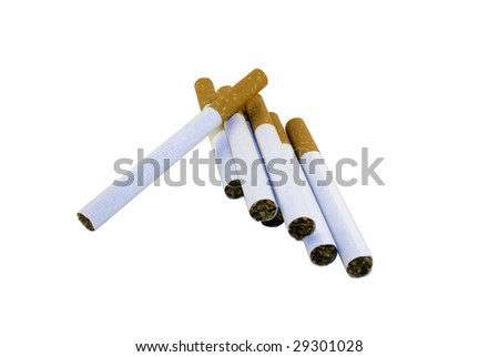 Seven cigarettes isolated against a white background.