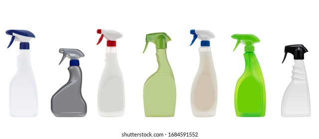 Seven different disinfectant spray bottles, isolated on white background