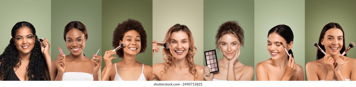 Seven diverse women apply makeup with brushes and products, smiling and looking directly at the camera. They each wear minimal clothing, showcasing different skin tones and hair textures - Powered by Shutterstock