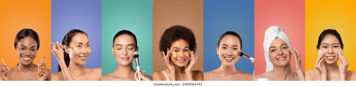 Seven diverse women with different skin tones and hair styles are pictured in a studio setting. Each woman is posed in front of a different colored background, highlighting their individuality. - Powered by Shutterstock