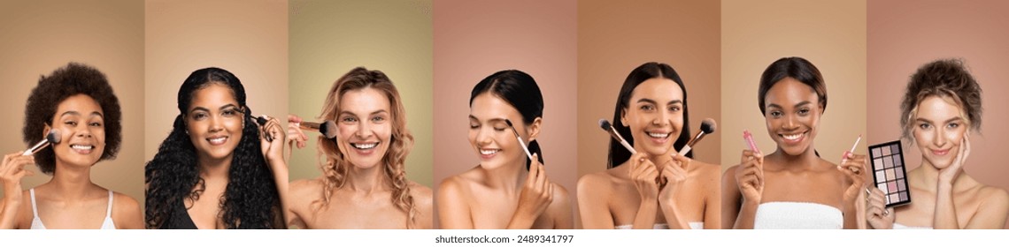 Seven diverse women are shown applying makeup to their faces with brushes and a palette. They are all smiling and looking happy. The women are all in different poses - Powered by Shutterstock