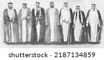 Seven founding fathers standing. Portrait from UAE United Arab Emirates 50 Dirhams 2021 Banknotes.