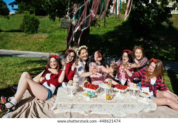 Seven Happy Sexy Girls Sitting Picnic Stock Photo Shutterstock