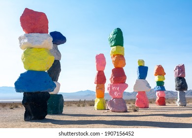 Seven Magic Mountains, Las Vegas, Nevada, USA. Desert art installation featuring 7 painted boulder totems up to 35 ft.