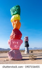 Seven Magic Mountains, Las Vegas, Nevada, USA. Desert Art Installation Featuring 7 Painted Boulder Totems Up To 35 Ft.