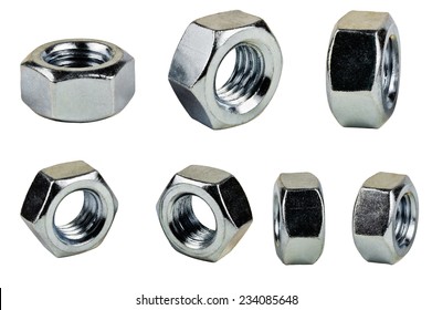 Seven Of Metal Nut On A White Background