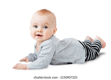 Seven month old baby child sitting on white background isolated with clipping path. Cute smiling little infant girl. Charming blue eyed baby. Copy space.
