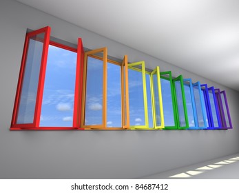 Seven opened windows with rainbow colors, view to sky