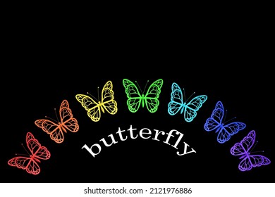 seven rainbow colored butterflies and the word butterfly written on a black background. colorful butterflies for logo design template