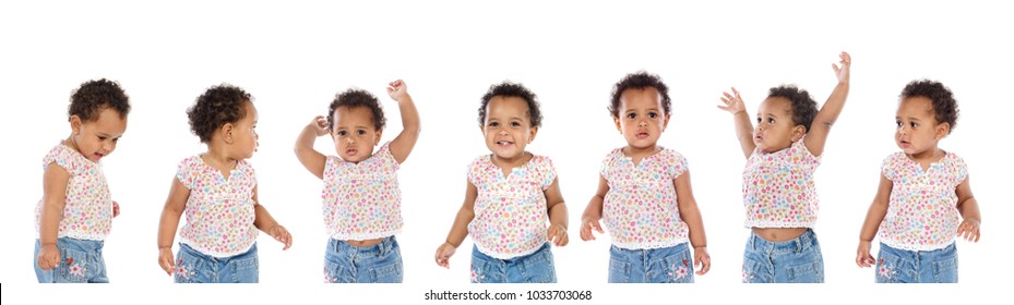 Seven Same African Sisters With Different Expressions Isolated On A White Background