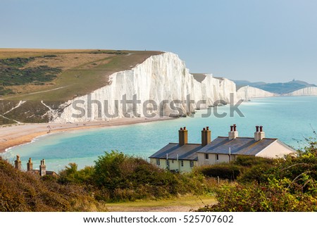 The Seven Sisters Chalk cliffs and the coastguard cottages, from Seaford Head South Downs East Sussex England UK
