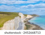 Seven sisters, Cliff and Ocean, famous tourism location and world heritage in south England, Spring outdoor, aerial view landscape